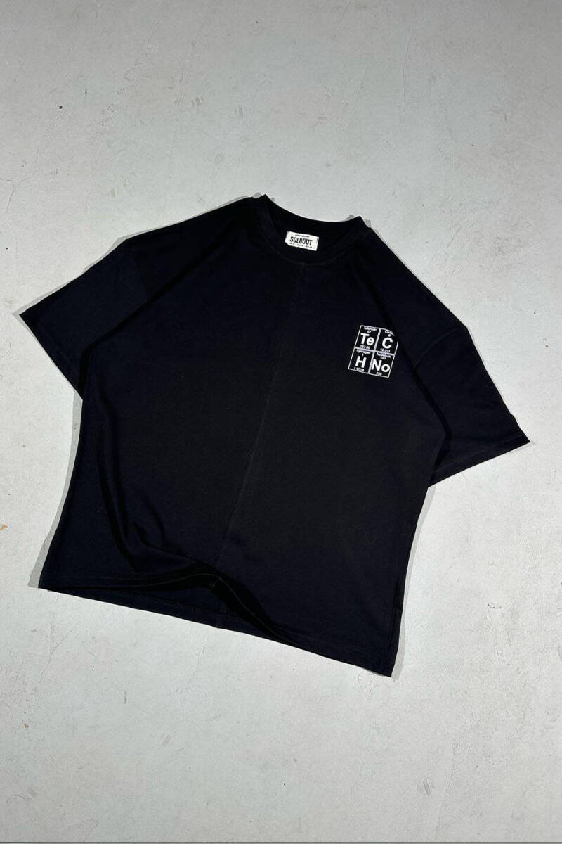 Techno Element Baskılı Dikiş Detaylı Siyah Oversize Tişört - 3