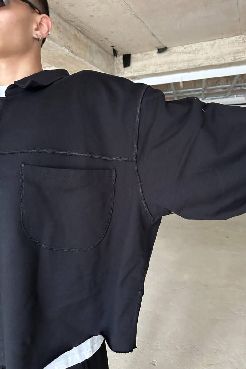 Ters Dikiş Detaylı Siyah Oversize Ceket - 4