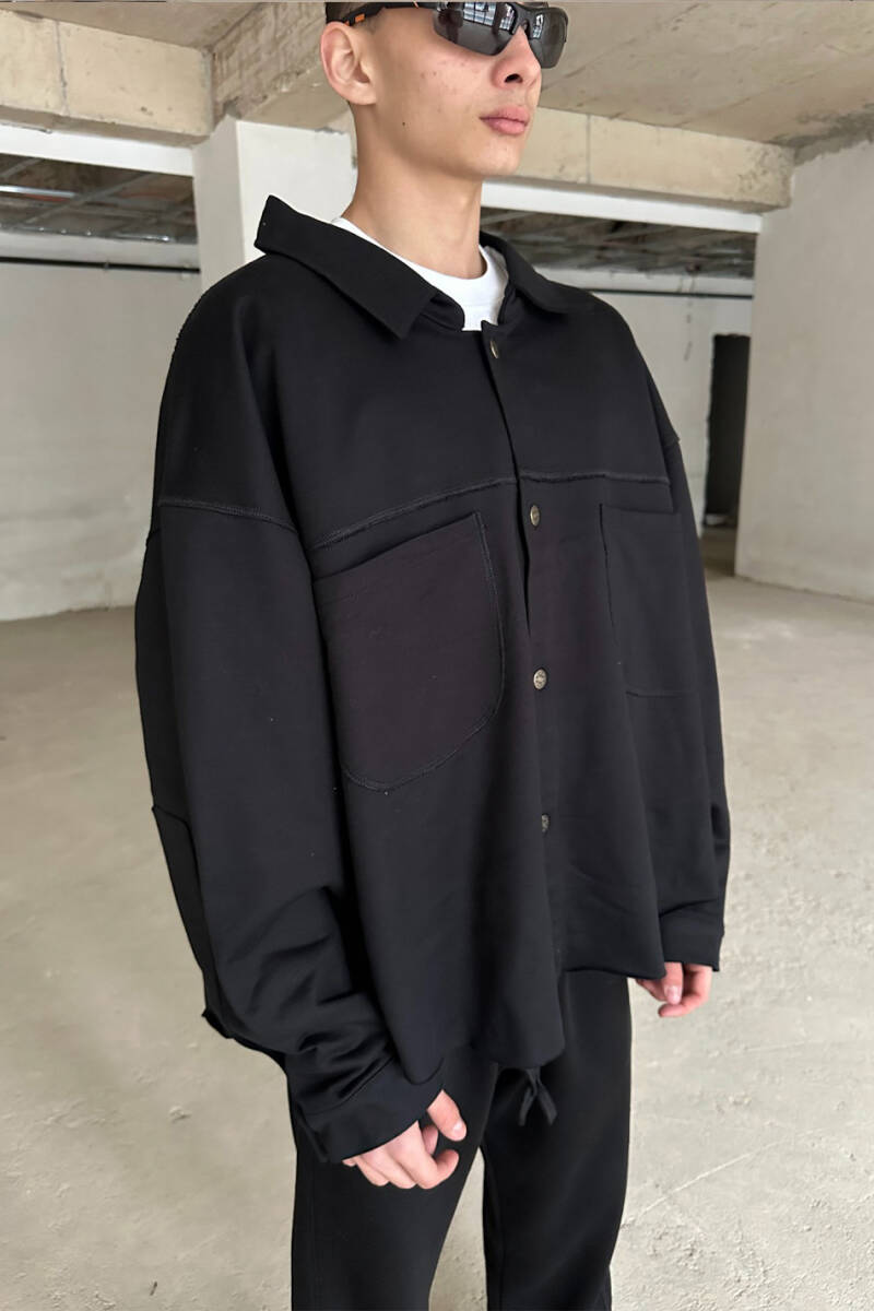 Ters Dikiş Detaylı Siyah Oversize Ceket - 3