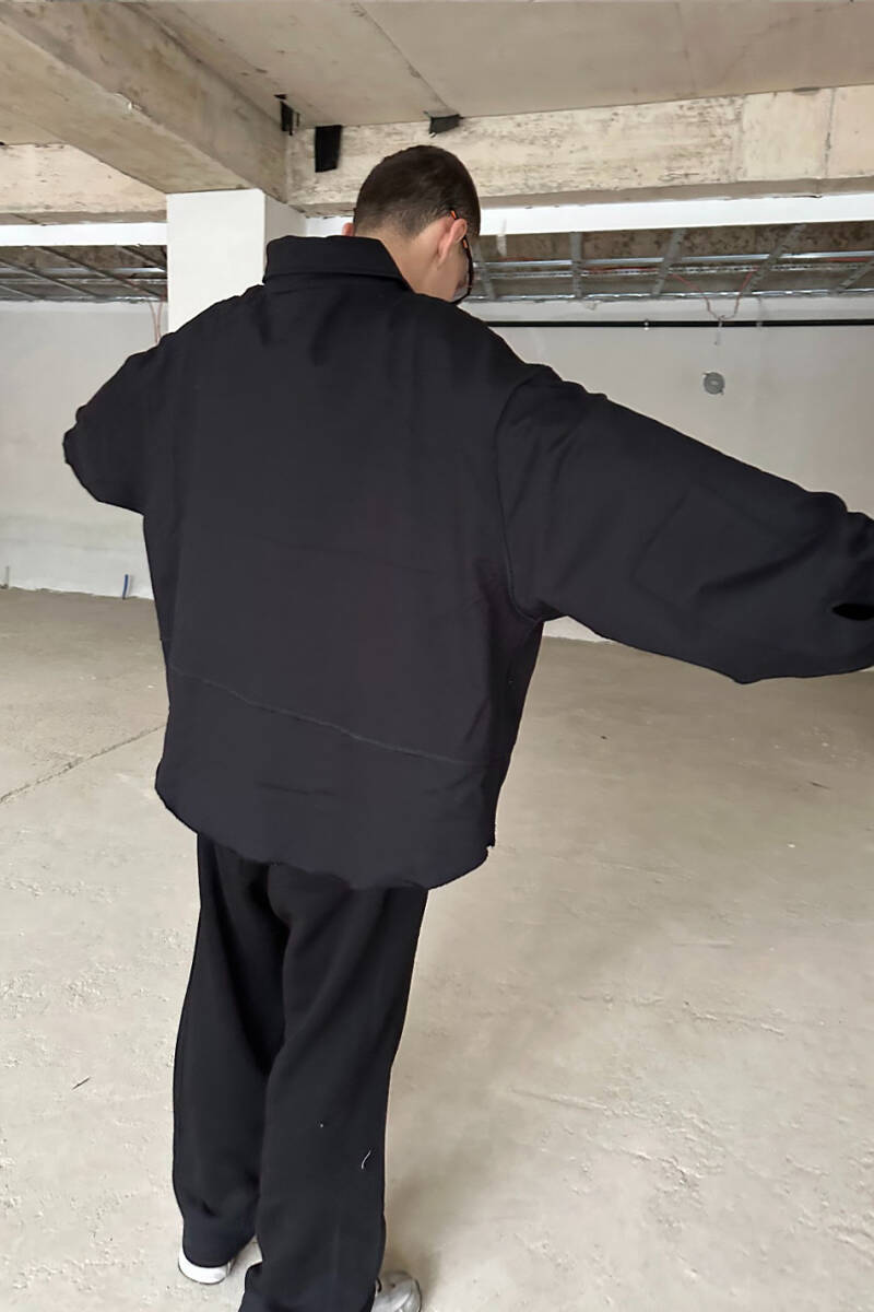 Ters Dikiş Detaylı Siyah Oversize Ceket - 7