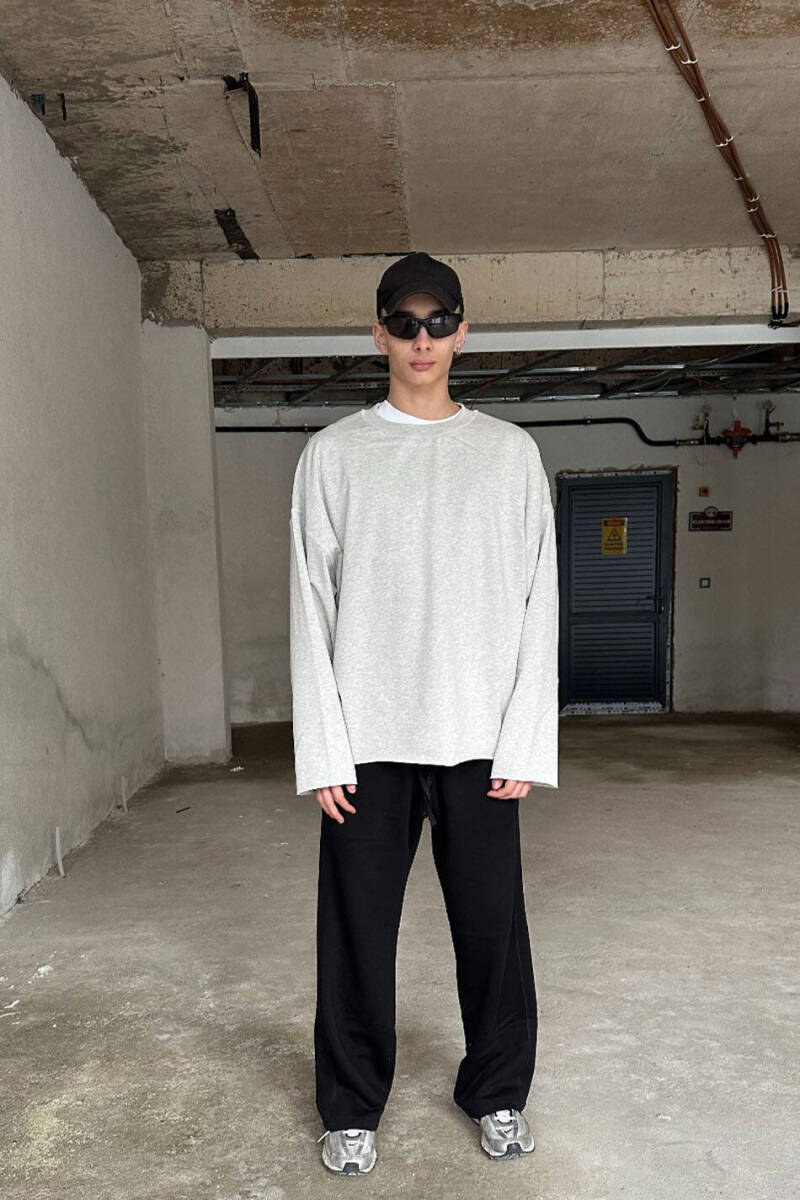 Ters Dikiş Detaylı Yarasa Kol Gri Melanj Oversize Sweatshirt - SOLDOUT