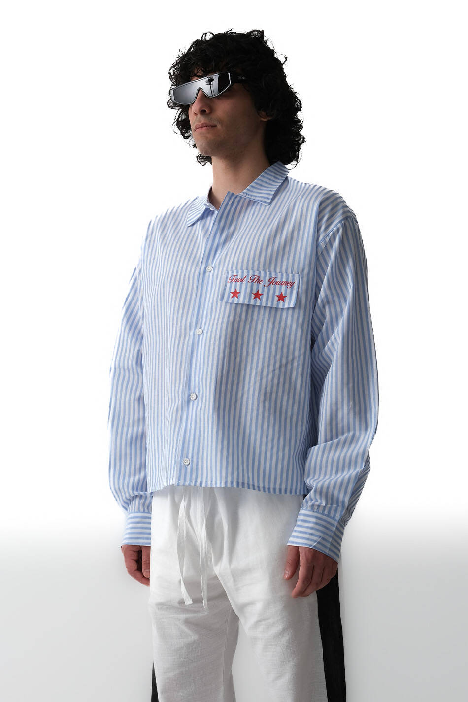 Trust The Journey Açık Mavi Çizgili Boxy Fit Crop Gömlek - SOLDOUT