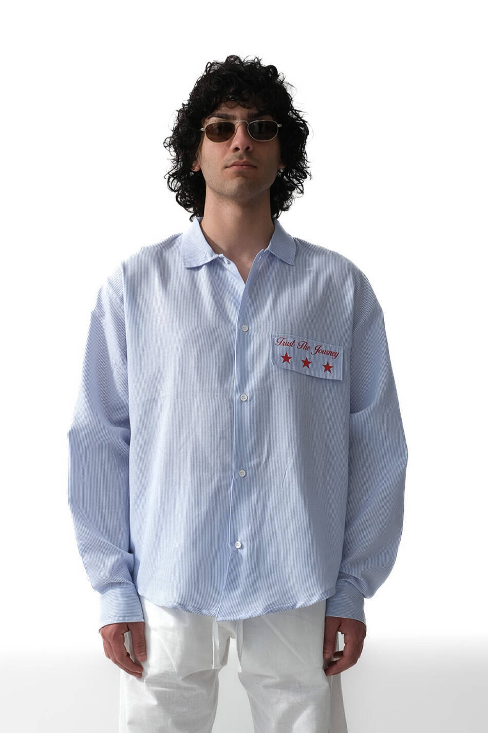 Trust The Journey İnce Mavi Çizgili Oversize Gömlek - SOLDOUT