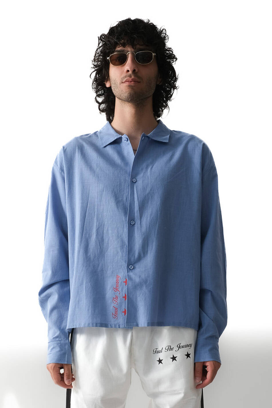 Trust The Journey Mavi Boxy Fit Crop %100 Pamuk İnce Gömlek - SOLDOUT