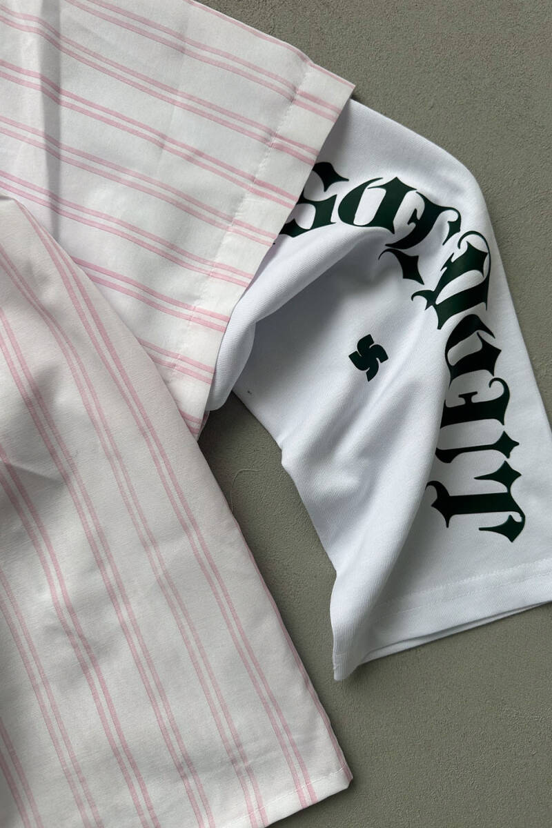 Trust The Journey Pembe Çizgili Boxy Fit Layered Gömlek - 3