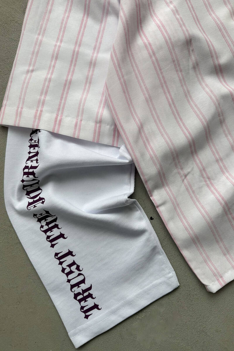 Trust The Journey Pembe Çizgili Boxy Fit Layered Gömlek - 4