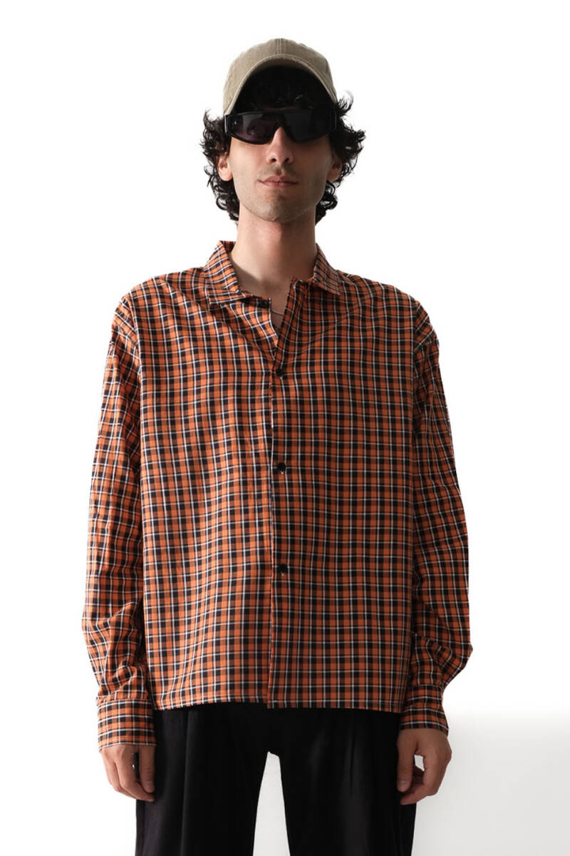 Turuncu - Siyah Kareli Oversize Gömlek - 1