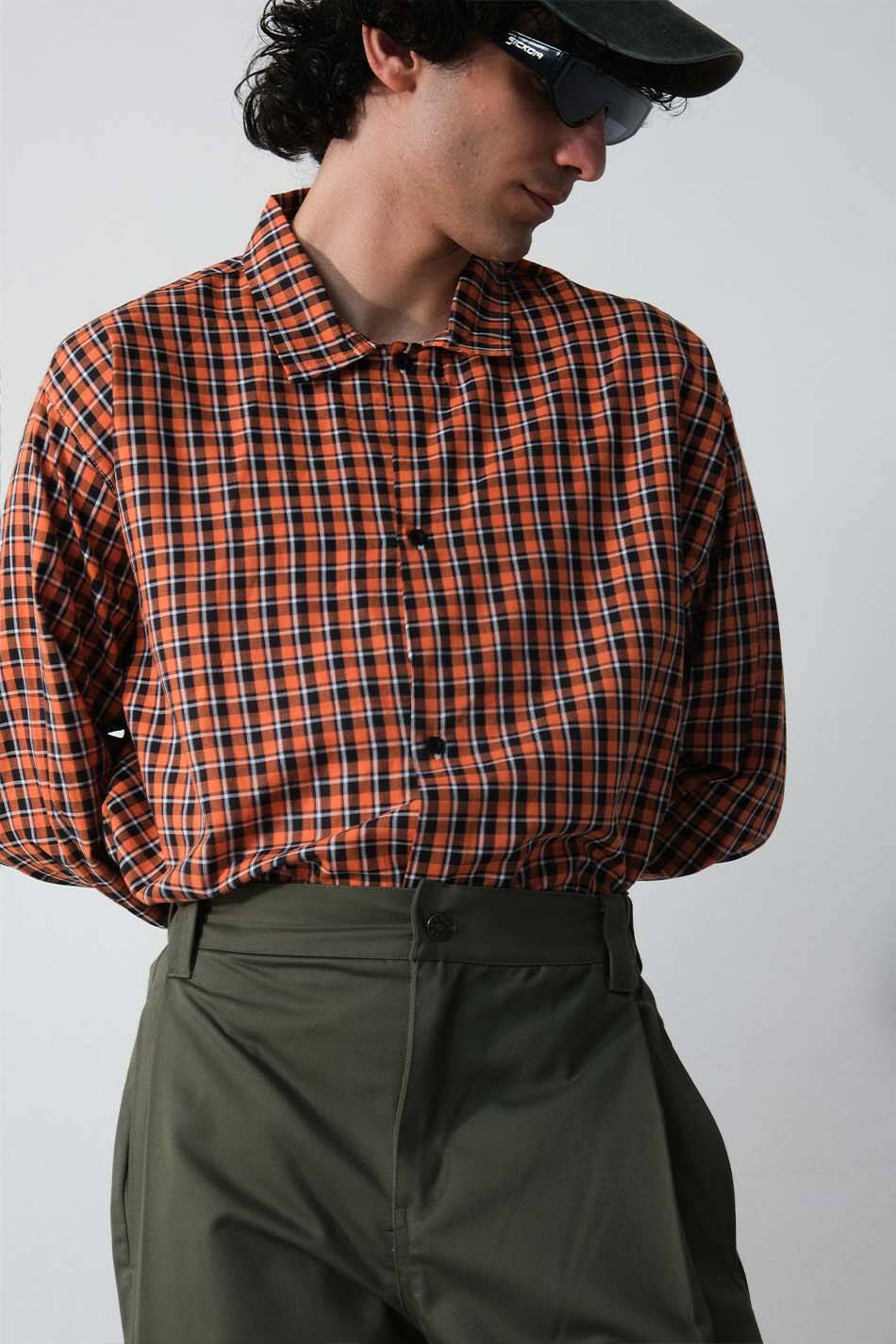 Turuncu - Siyah Kareli Oversize Gömlek - SOLDOUT