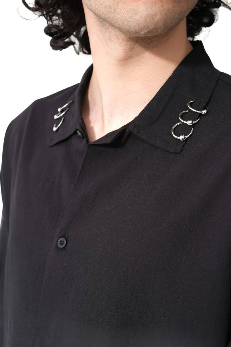 Yaka 3'lü Piercing Detaylı Siyah Oversize %100 Pamuk İnce Gömlek - 2