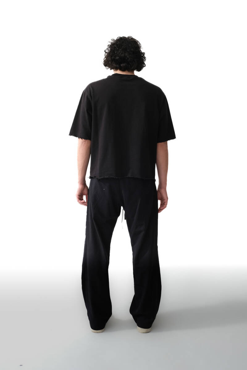 Yırtık Detaylı Siyah Boxy Fit Crop Tişört - 7