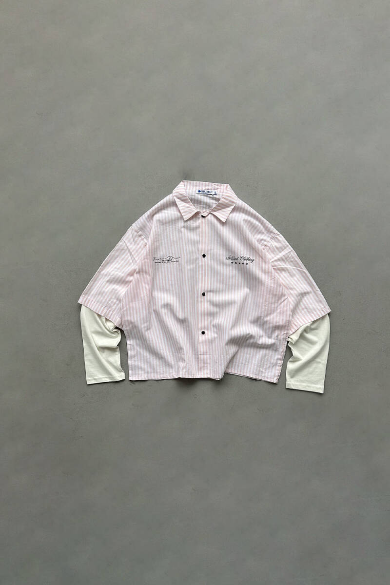 Zat-ı Hak'ta Pembe Çizgili Boxy Fit Layered Gömlek - SOLDOUT (1)